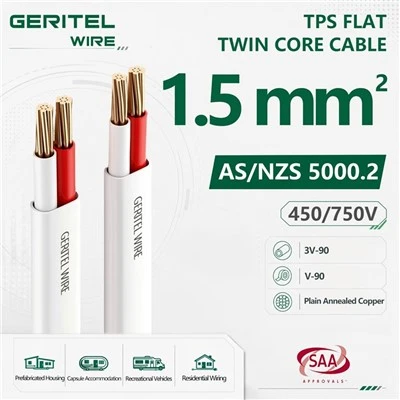 1,5 mm plokščias dvigubas kabelis V-90 PVC 2 gyslų